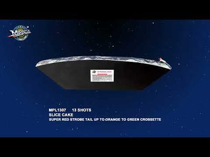 13 SHOTS SLICE CAKE-SUPER RED STROBE TAIL UP TO ORANGE TO GREEN CROSSETTE MPL1307 — official Miracle Fireworks YouTube demo