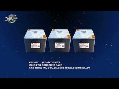 147 SHOTS R,W,B SMOKE TAIL & CRACKLE MINE TO R,W,B SMOKE WILLOW(3-PIECE COMPOUND CAKE, 3*49=147 SHOTS) MPL3017 — official Miracle Fireworks YouTube demo