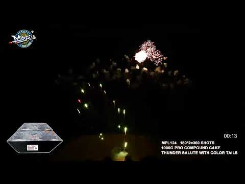 360 SHOTS THUNDER SALUTE WITH COLOR TAILS(2-PC COMPOUND CAKE, 2*180=360 SHOTS) MPL124 — official Miracle Fireworks YouTube demo