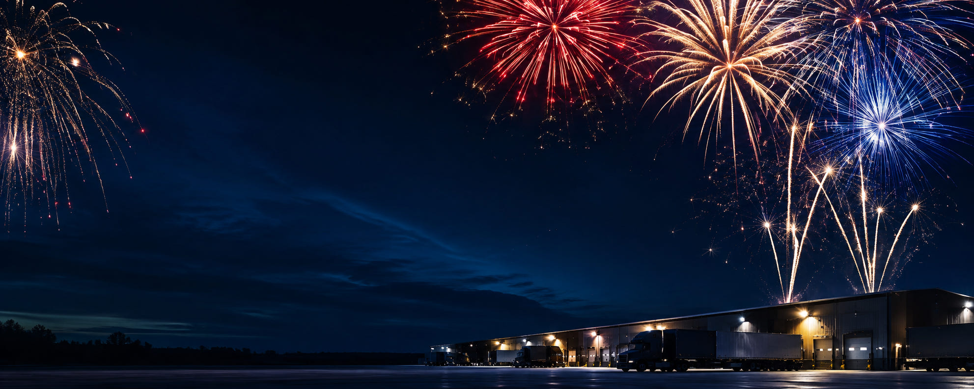 Wholesale fireworks warehouse with red, white, blue and gold aerial fireworks at night